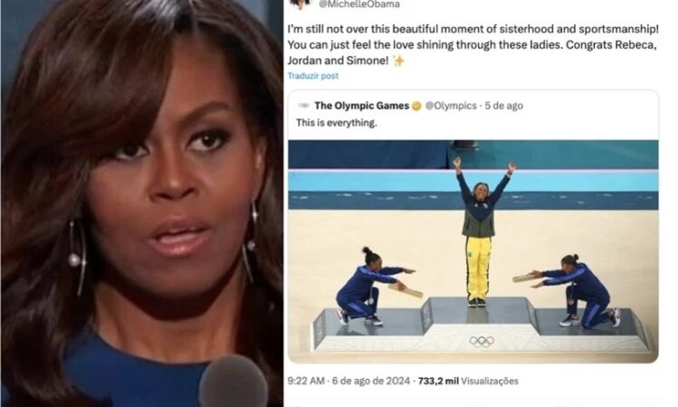 Michelle Obama celebra gesto de reverência a Simone Biles e Jordan Chiles em homenagem a Rebeca Andrade nas Olimpíadas de Paris