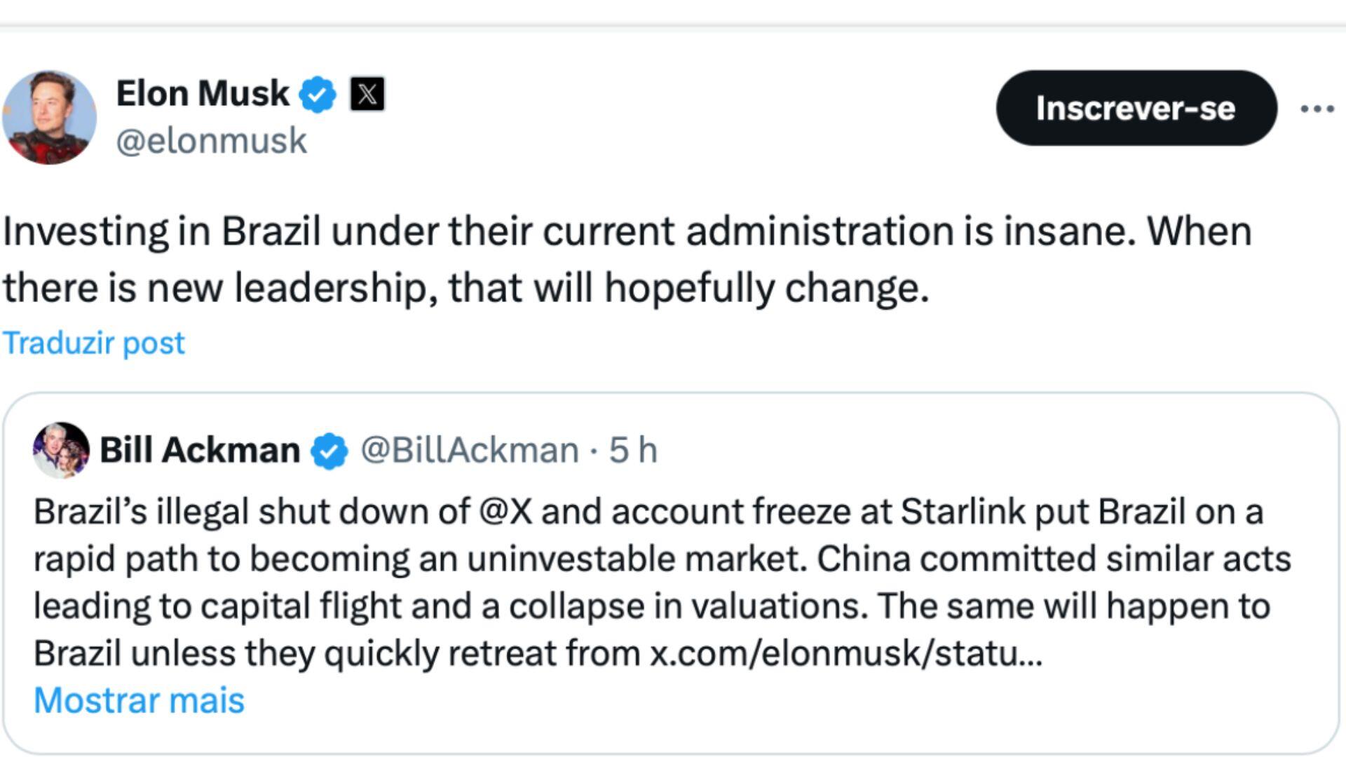 Em novo Perfil, Elon Musk disse que investir no Brasil hoje é insano