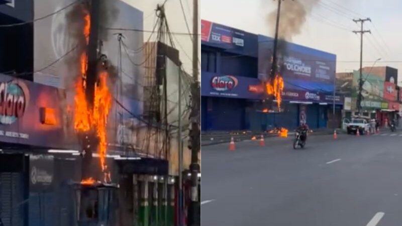 Fiação de poste pega fogo e causa transtornos no trânsito em Manaus