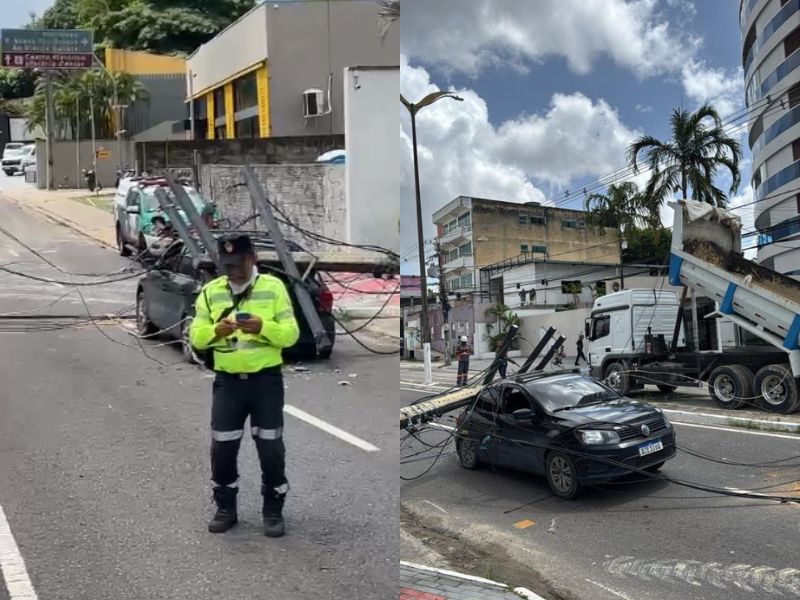 Poste de alta tensão cai sobre carro na avenida Maceió