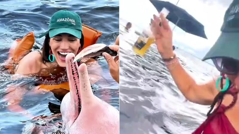 Blogueira joga cerveja para boto no Rio Negro e gera revolta em amazonenses