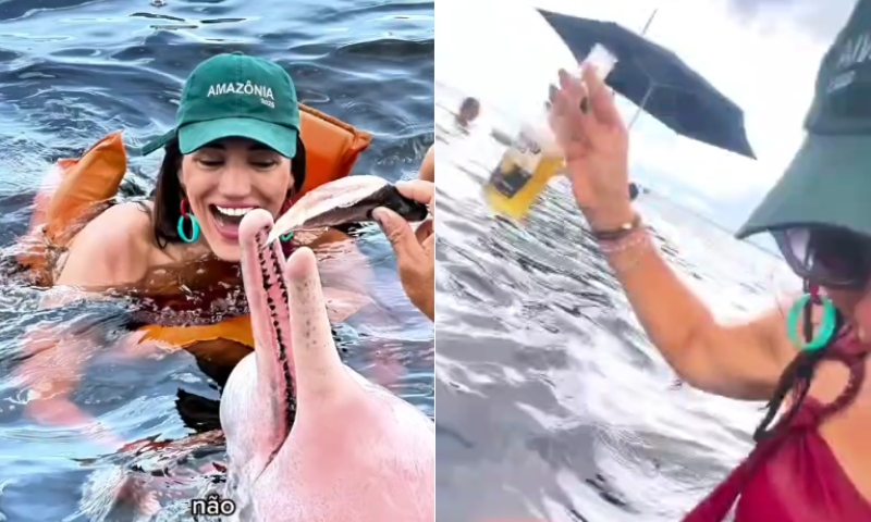 Blogueira joga cerveja para boto no Rio Negro e gera revolta em amazonenses