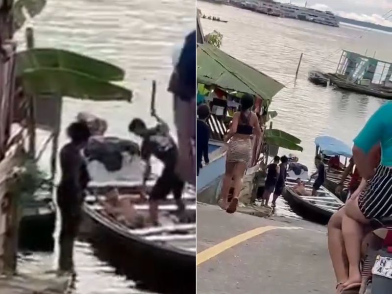 Vídeo mostra homem gritando ao levar pauladas em barco no AM