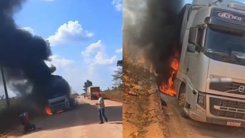 Caminhão pega fogo e quase explode em trecho crítico da BR-319