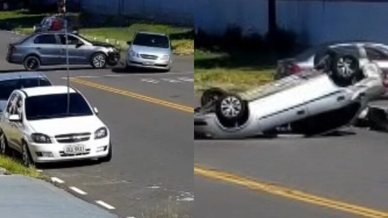 Carro capota após colisão na Cachoeirinha