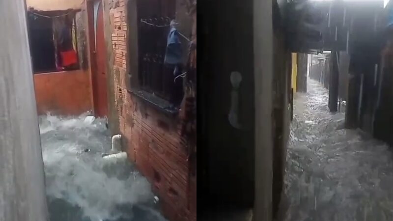 Chuva forte inunda ruas e deixa beco intransitável no São José