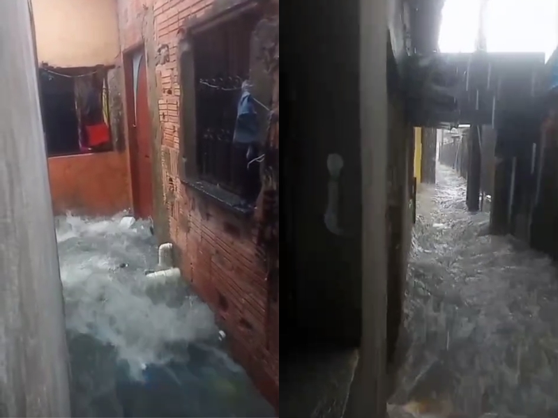 Chuva forte inunda ruas e deixa beco intransitável no São José