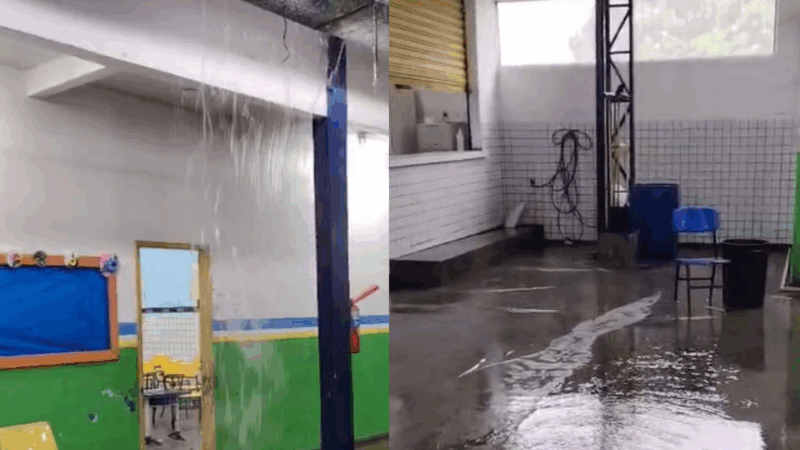 Chuvas intensas transformam telhado de escola pública no São José em “cachoeira”