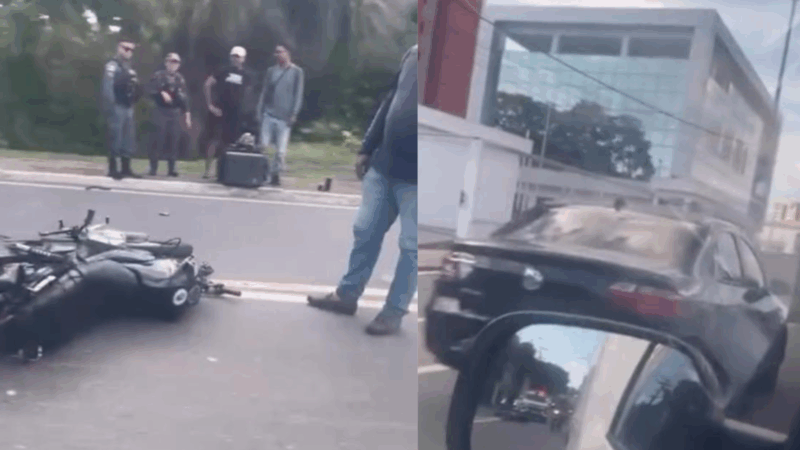 Motociclista colide com carro e trânsito é comprometido na Avenida Humberto Calderaro