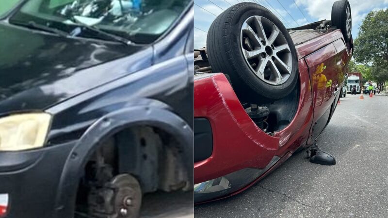 Roda que se soltou de picape fez carro capotar com idosa na Av. Rodrigo Otávio