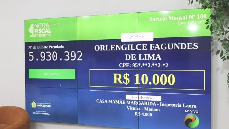 Confira a lista dos ganhadores do 100º sorteio da Nota Fiscal Amazonense