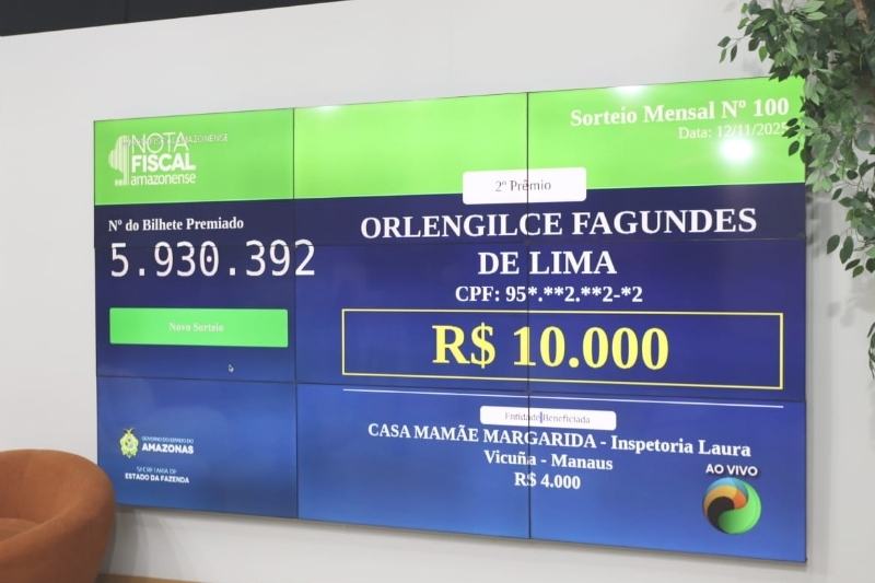 Confira a lista dos ganhadores do 100º sorteio da Nota Fiscal Amazonense