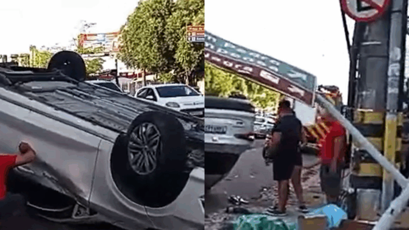 Motorista capota carro com família a bordo na Djalma Batista