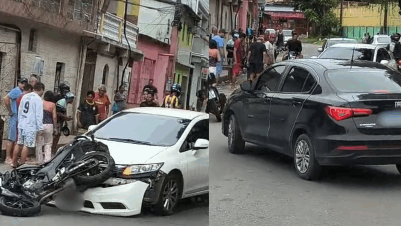 Carro fica destruído após colidir com moto no São José, em Manaus; VÍDEO