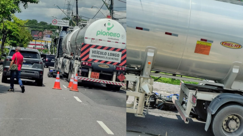 Moto fica por debaixo caminhão de combustível após grave acidente na avenida Ephigênio Salles; VÍDEO