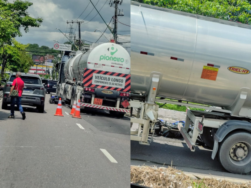 Moto fica por debaixo caminhão de combustível após grave acidente na avenida Ephigênio Salles; VÍDEO