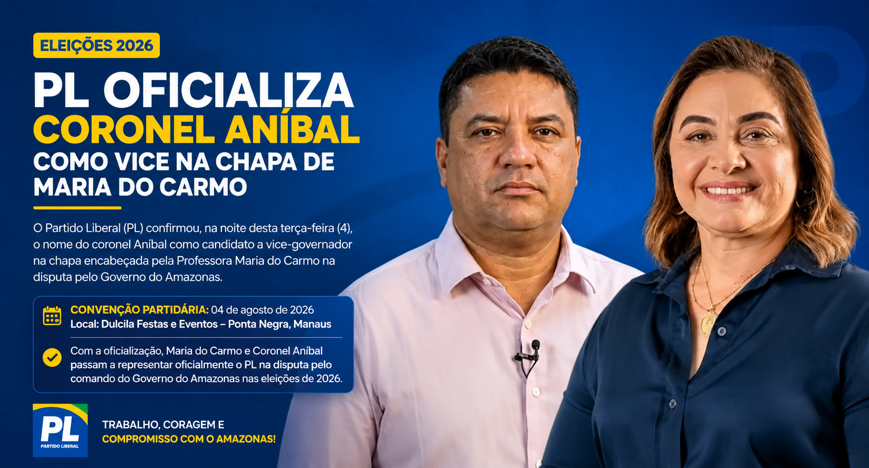 PL oficializa Coronel Aníbal como candidato a vice-governador na chapa de Maria do Carmo