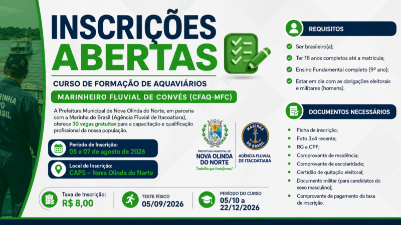 Prefeitura de Nova Olinda do Norte abre inscrições para Curso Gratuito de Formação de Aquaviários