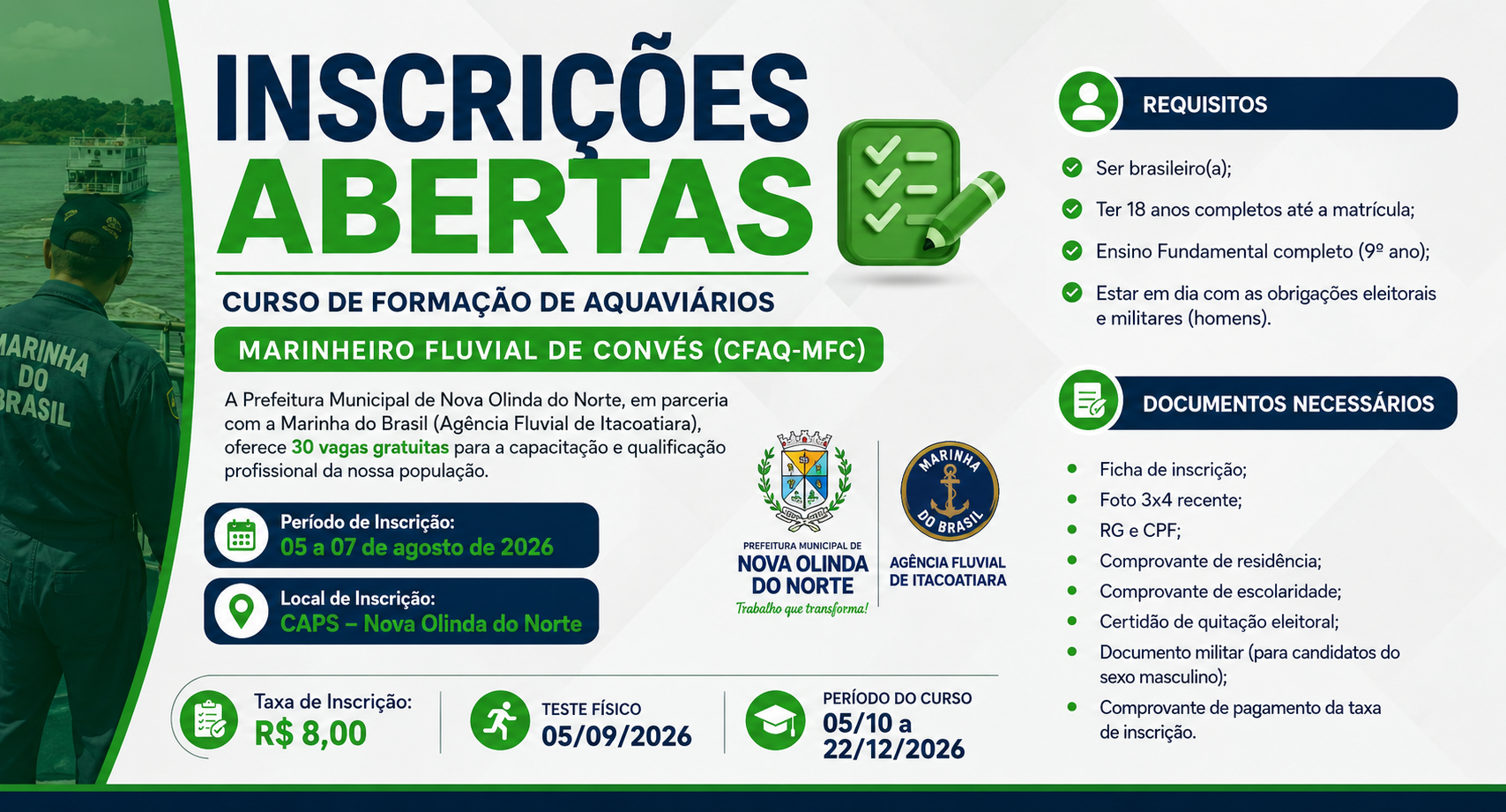 Prefeitura de Nova Olinda do Norte abre inscrições para Curso Gratuito de Formação de Aquaviários
