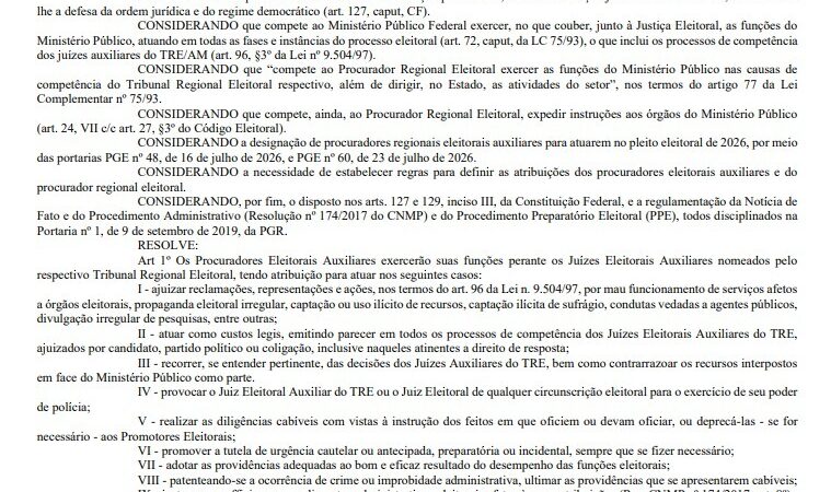 MPE-AM publica portaria que organiza atuação de procuradores auxiliares nas eleições de outubro