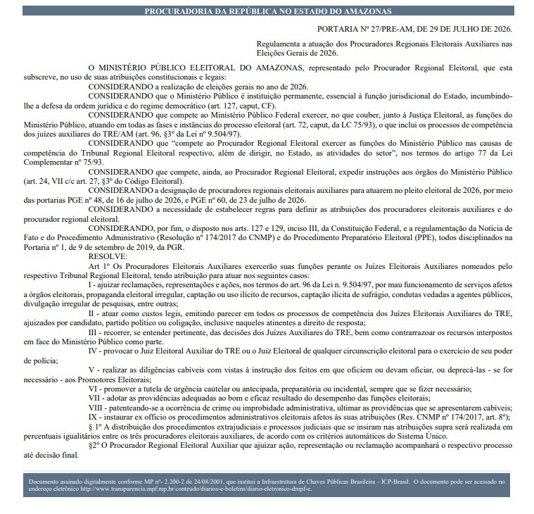 MPE-AM publica portaria que organiza atuação de procuradores auxiliares nas eleições de outubro