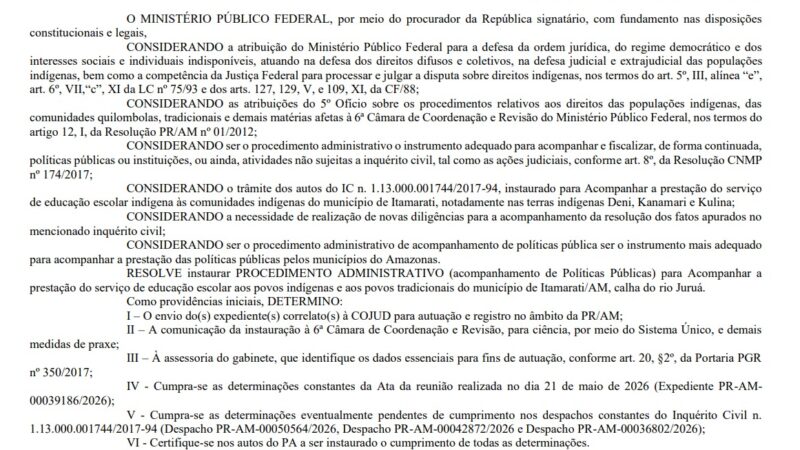 MPF vai fiscalizar educação indígena em Itamarati (AM)