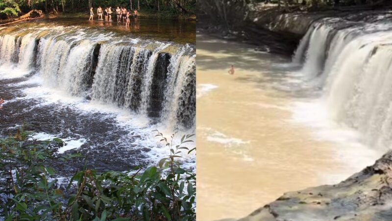 Cachoeira Natal, em Presidente Figueiredo, fica barrenta após obra irregular; empresa é multada em R$ 3 milhões